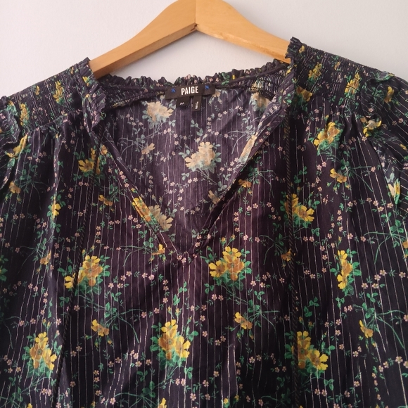 Paige Laramie Navy Floral Cotton Blouse with Tassel Tie Boho Short Sleeve M - Picture 4 of 7